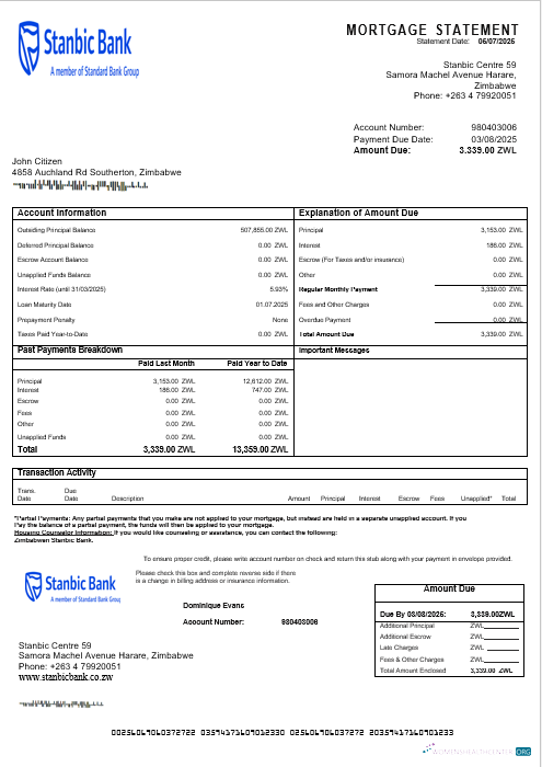 Download Zimbabwean Stanbic Bank mortgage statement in Word and PDF formats Photoshop template